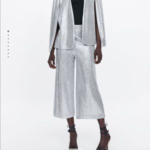 Zara Silver Sequin/metallic Culottes wide leg pant